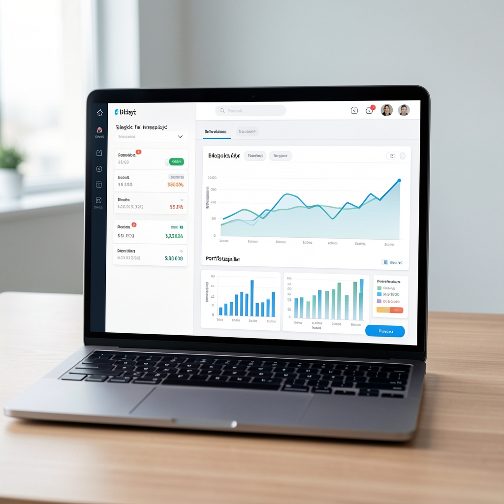Laptop ekranında bileşik faiz hesaplayıcısı ve portföy dağılım grafik aracı açık, modern minimal tasarımlı finansal analiz uygulaması