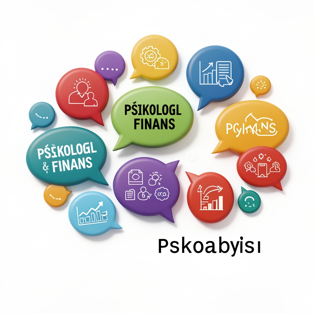 Beyaz arka planda renkli psikoloji ve finans kavramları içeren düşünce baloncukları, davranışsal finans ve yatırımcı psikolojisini temsil ediyor