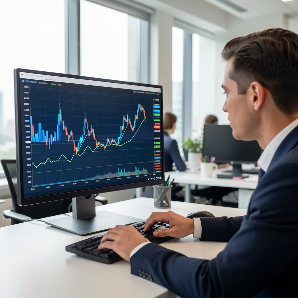 Profesyonel çalışma ortamında finansal grafik ve piyasa verilerini inceleyen analist, monitörde mavi ve yeşil renkli çizgi grafikleri görünüyor