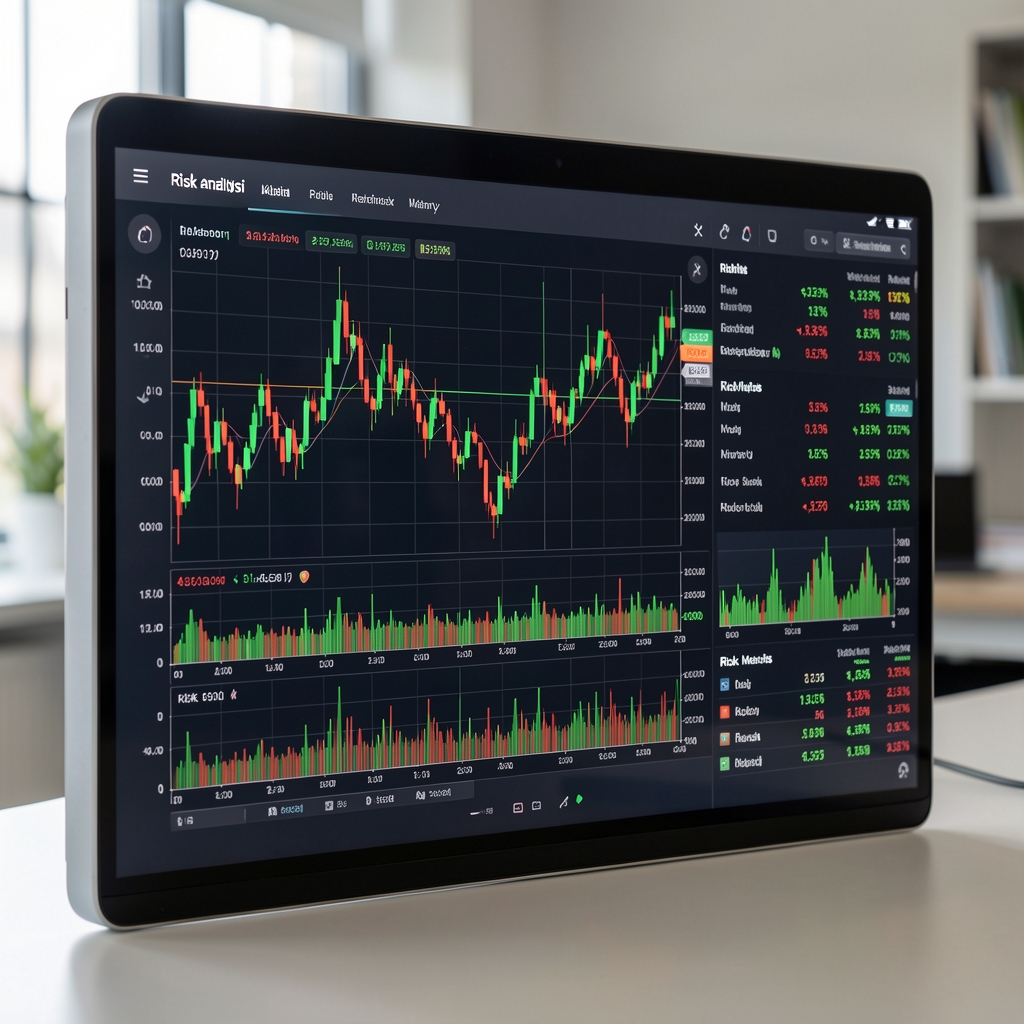 Kırmızı ve yeşil renkli piyasa hareketleri gösteren risk analizi ekranı, volatilite grafikleri ve sayısal risk metrikleri